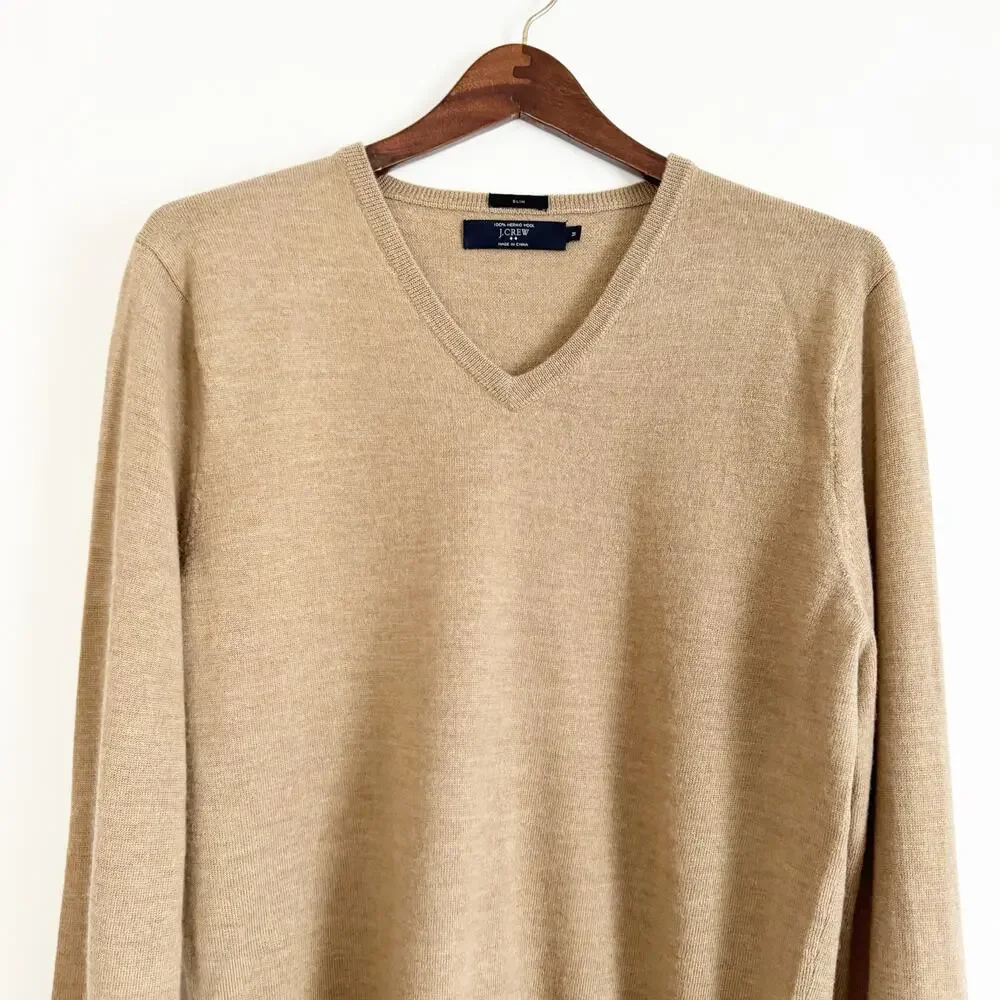 J. CREW Merino Wool V Neck Sweater Tan Medium M